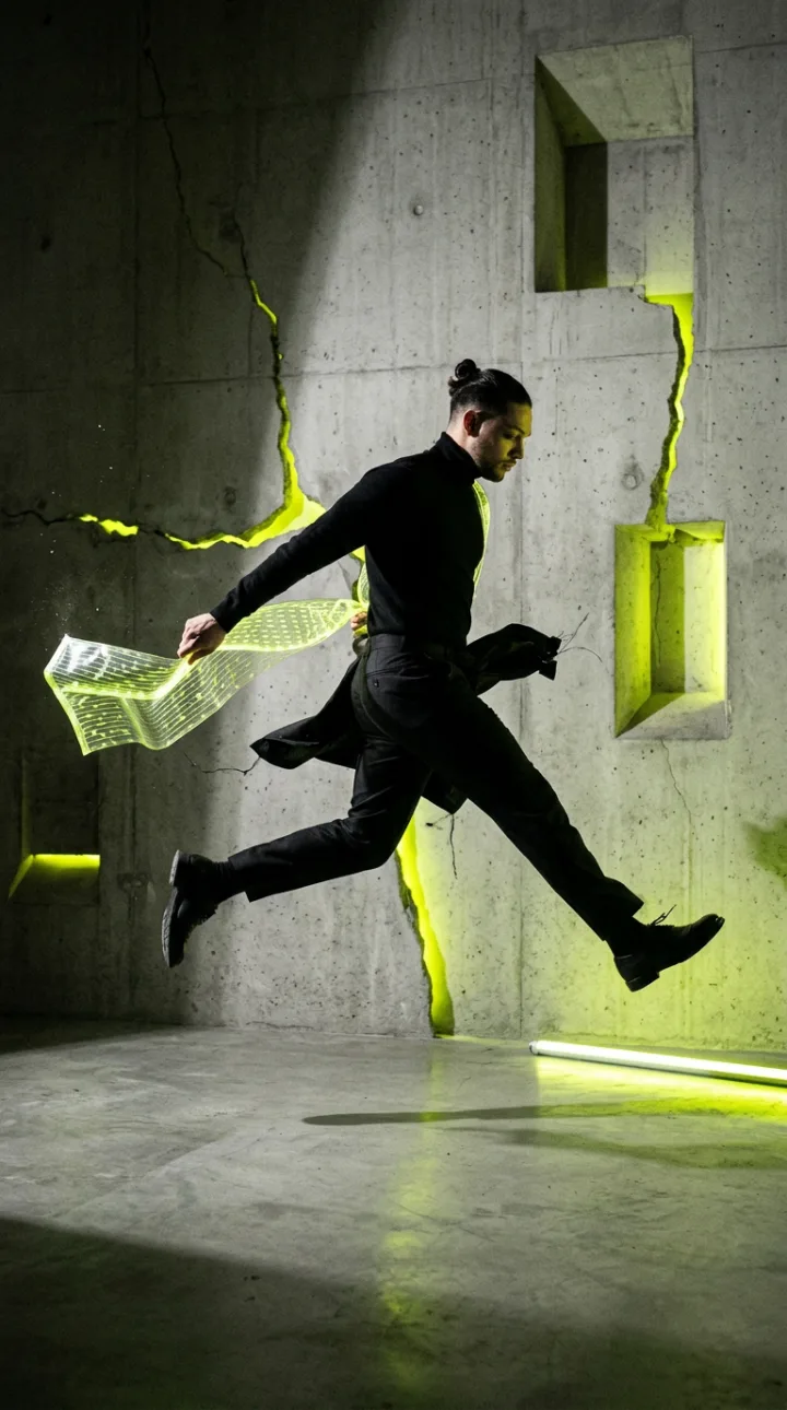 Editorial fashion: jump with a light trail over brutalist concrete — Editorial Fashion Hook prompt