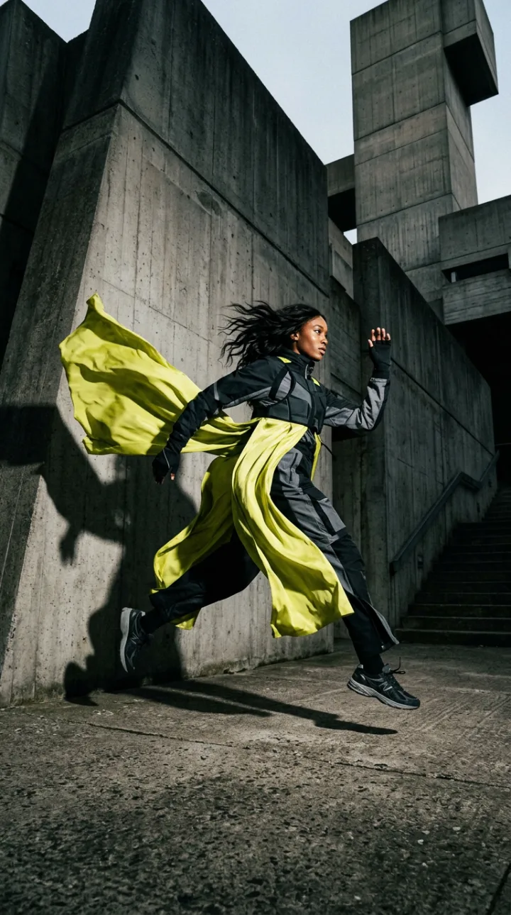 Editorial fashion: figure in motion with fabric flowing — Editorial Fashion Hook prompt