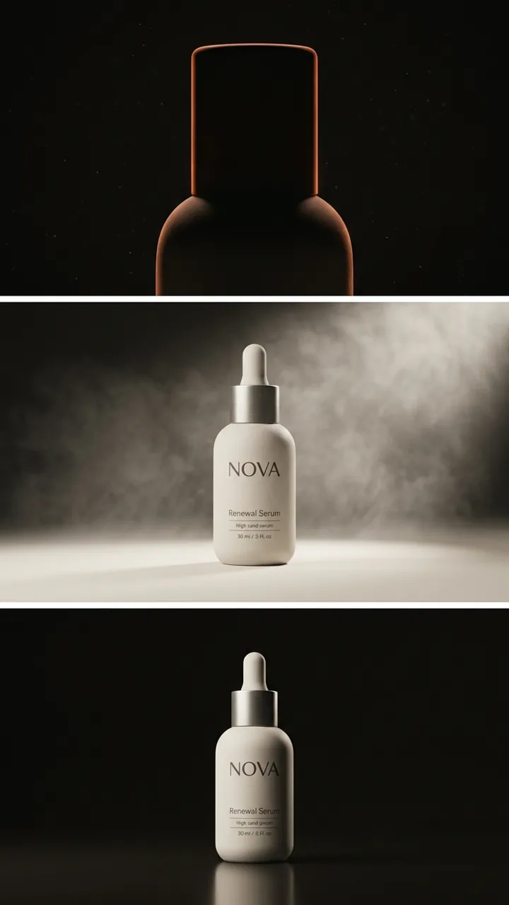 Tres variantes del frasco NOVA en estudio oscuro, del contraluz al reveal completo · prompt 01 Hero Product Shot