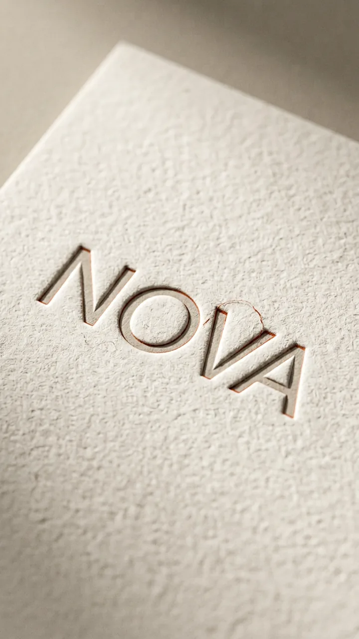 Logotipo NOVA grabado en relieve sobre papel de algodón · prompt 05 Logo en materia real