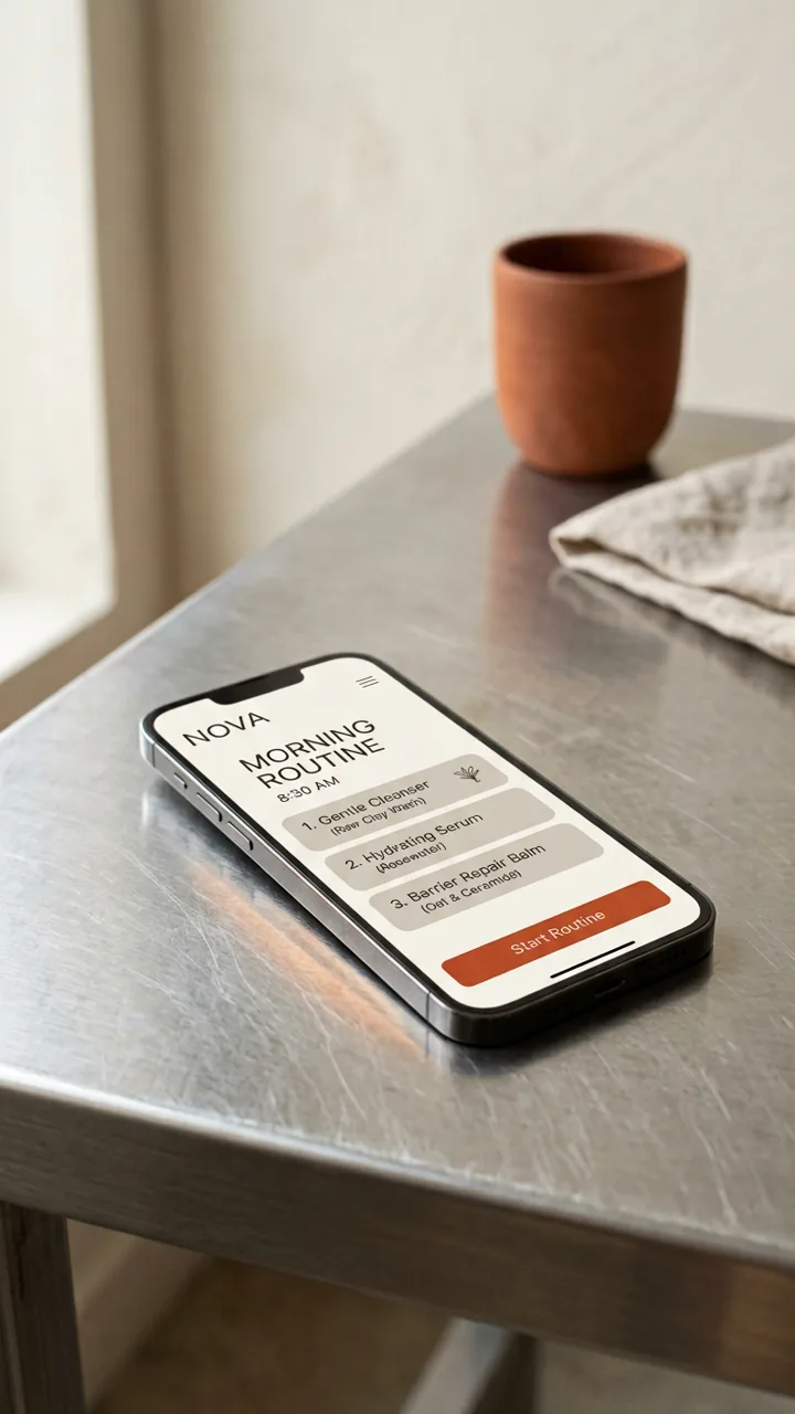 App de NOVA en un móvil sobre una mesa de acero · prompt 09 Mockup de producto digital