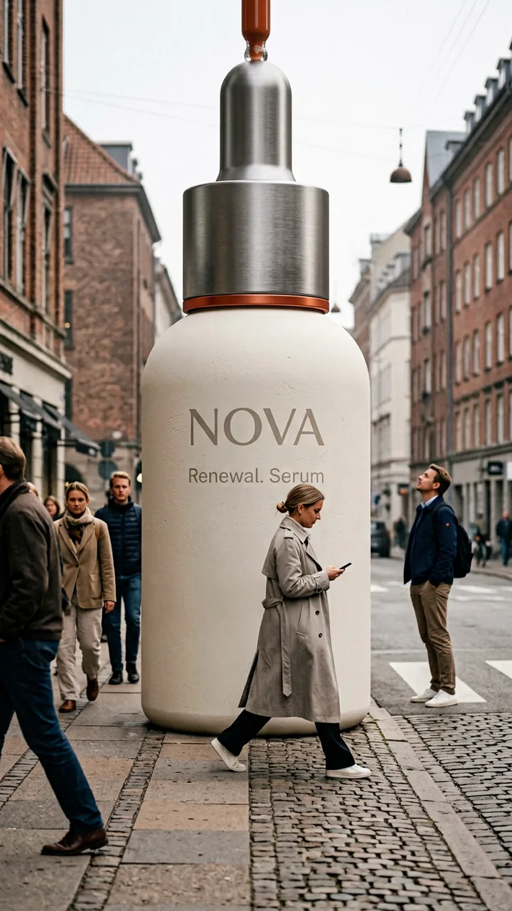 Frasco NOVA a escala arquitectónica sobre una calle peatonal · prompt 14 Cambio de escala surrealista