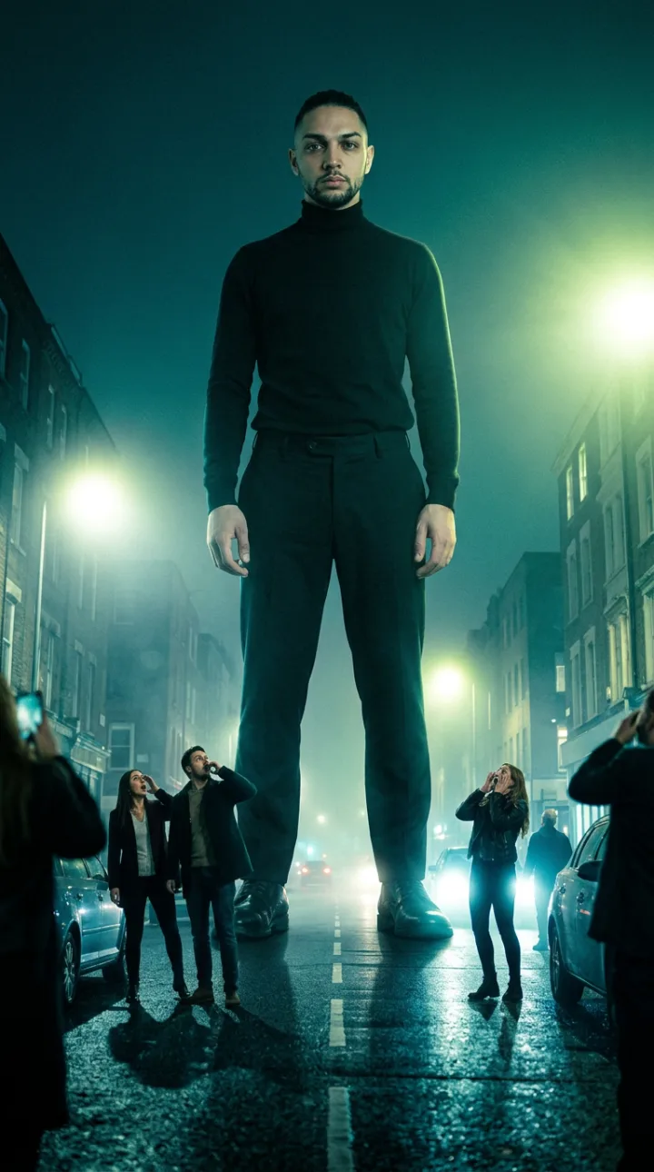 Impossible scale: giant figure looming over a night street — Surreal Scale Shift prompt